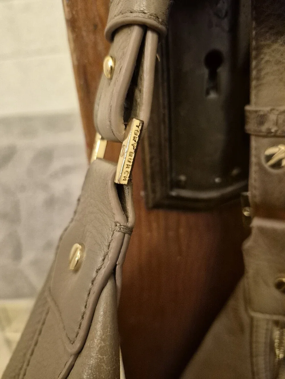 Tory Burch Taupe Pebbled Leather Hobo with Gold Logo Medallion